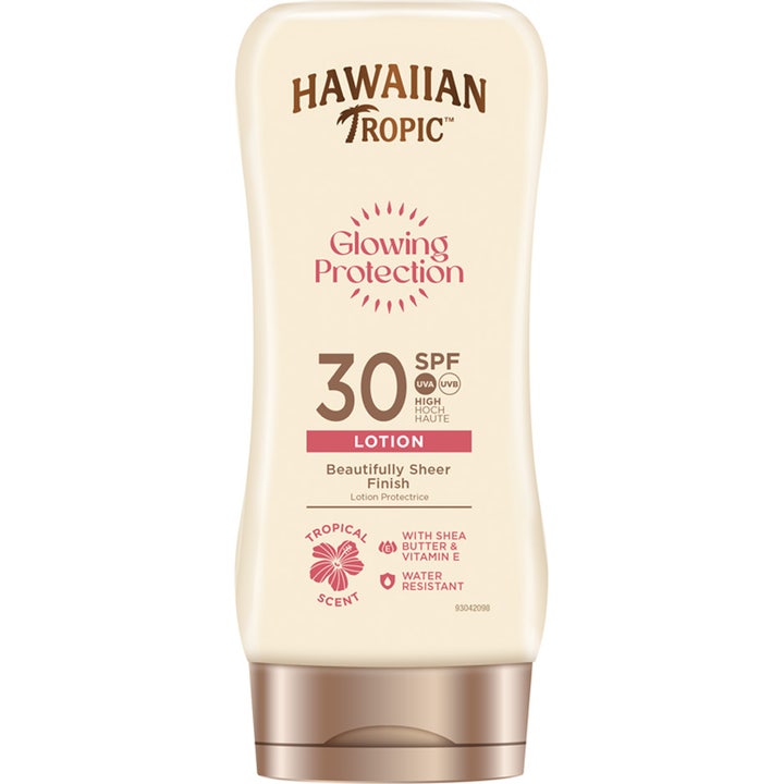 Hawaiian Tropic Glowing Protection SPF 30 Lotion aurinkovoide antaa hehkua vaaleassa pullossa jossa on pronssinen korkki.