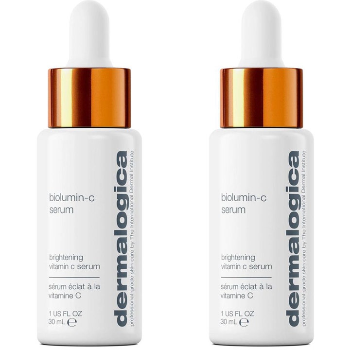 Dermalogica BioLumin-C Serum 30 ml kirkastava C-vitamiini seerumi kaksi valkoista pipettipulloa kultaisilla yksityiskohdilla