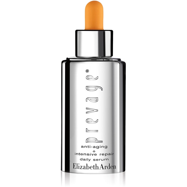 Elizabeth Arden Prevage Anti-aging Daily Serum on uudistava kasvoseerumi hopeisessa pullossa, jossa on oranssi pipetti.