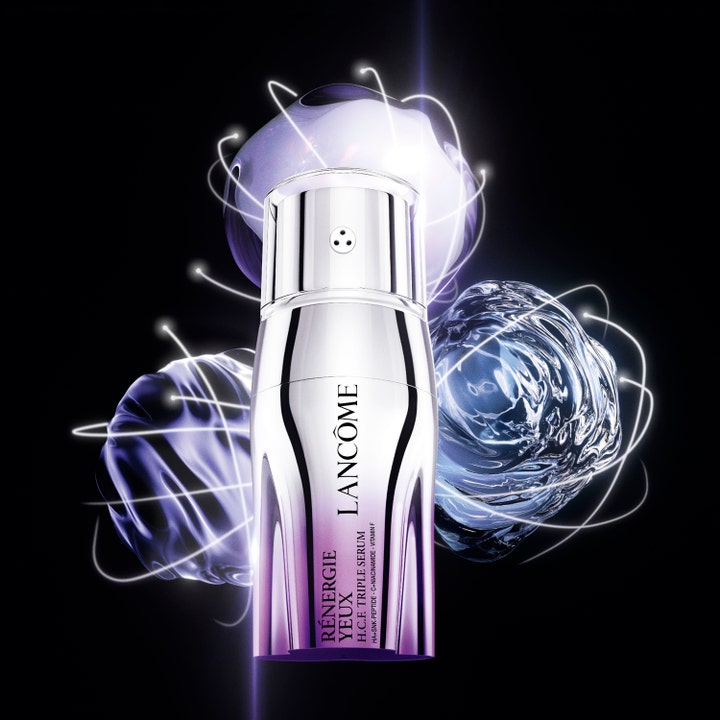 Lancôme Rénergie H.C.F. Triple Serum Eye 20 ml kiinteyttävä silmänympärysseerumi hopeisessa pullossa ainesosapallojen kera.