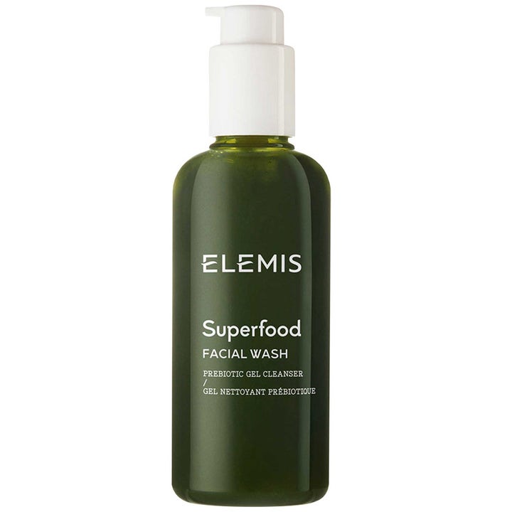 Elemis Superfood Facial Wash 200 ml ravitseva puhdistusgeeli tummanvihreässä pullossa valkoisella pumpulla
