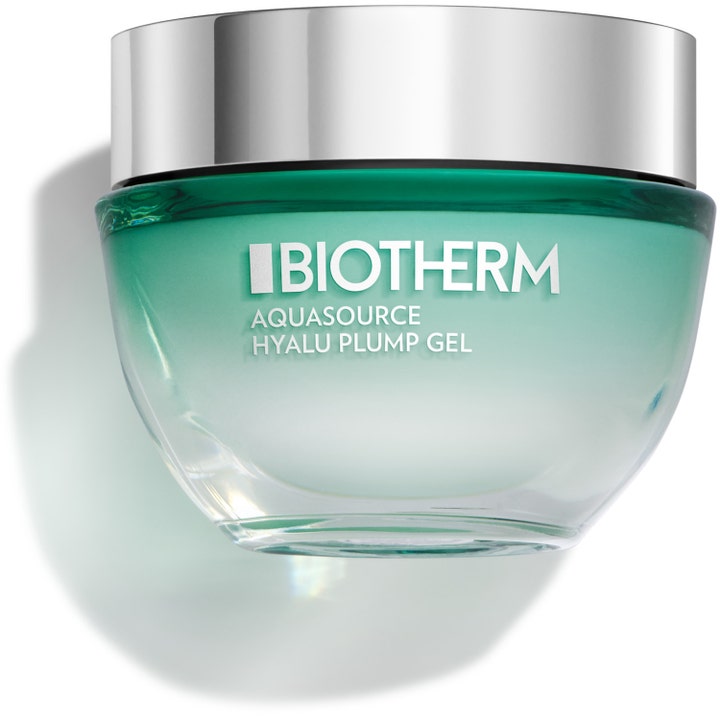 Biotherm Aquasource Hyalu Plump Gel 50 ml kosteuttava kasvogeeli tuo täyteläisyyttä vihreässä hopeakantisessa purkissa.