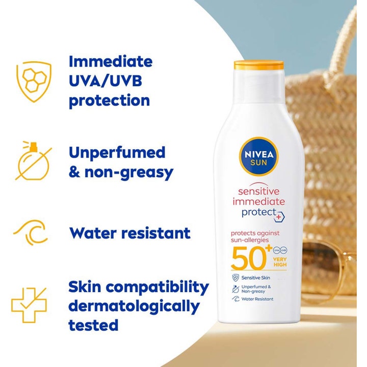 NIVEA Sun Sensitive Immediate Protect 200 ml aurinkovoide SPF50+ suojaa herkkää ihoa rannalla