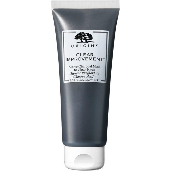 Origins Clear Improvement Active Charcoal Mask 75 ml syväpuhdistava kasvonaamio tummanharmaassa tuubissa valkoisella korkilla.