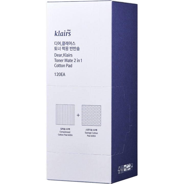 Klairs Toner Mate 2 in 1 Cotton Pad 120 kpl vanulaput kasvovedelle valkoisessa ja sinisessä pakkauksessa.