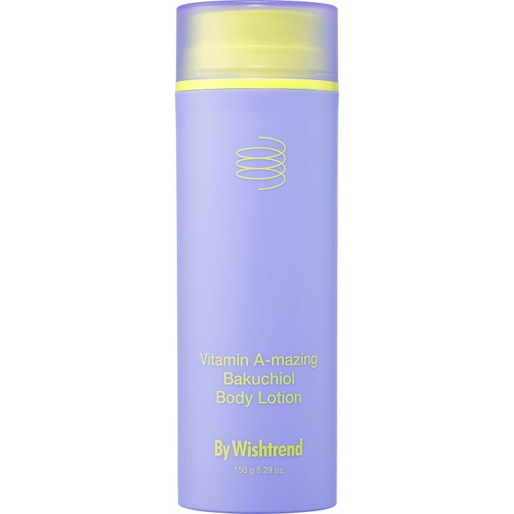 By Wishtrend Vitamin A-mazing Bakuchiol Body Lotion 150 g silottava vartalovoide liilassa pullossa keltaisella tekstillä