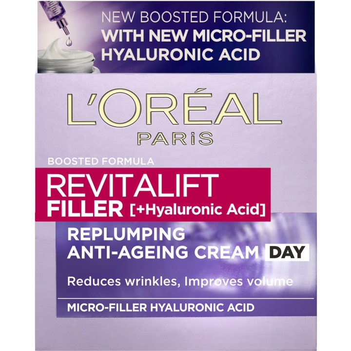 L'Oréal Paris Revitalift Filler 50 ml päivävoide vaaleanliilassa pakkauksessa silottamaan ryppyjä.