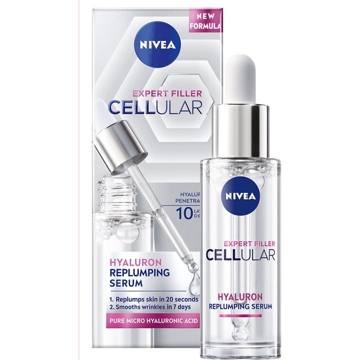 Nivea Cellular Expert Filler Hyaluron Replumping Serum täyteläistävä seerumi kirkkaassa lasipullossa ja hopeinen pipetti.