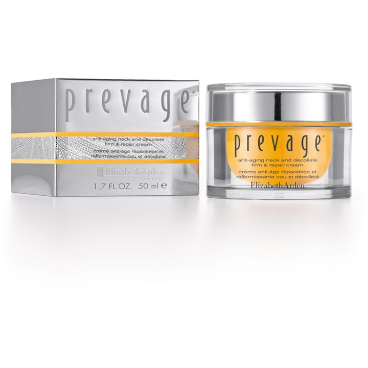 Elizabeth Arden Prevage 50 ml kiinteyttävä kaulavoide hopeisessa pakkauksessa ja kirkkaassa purkissa.