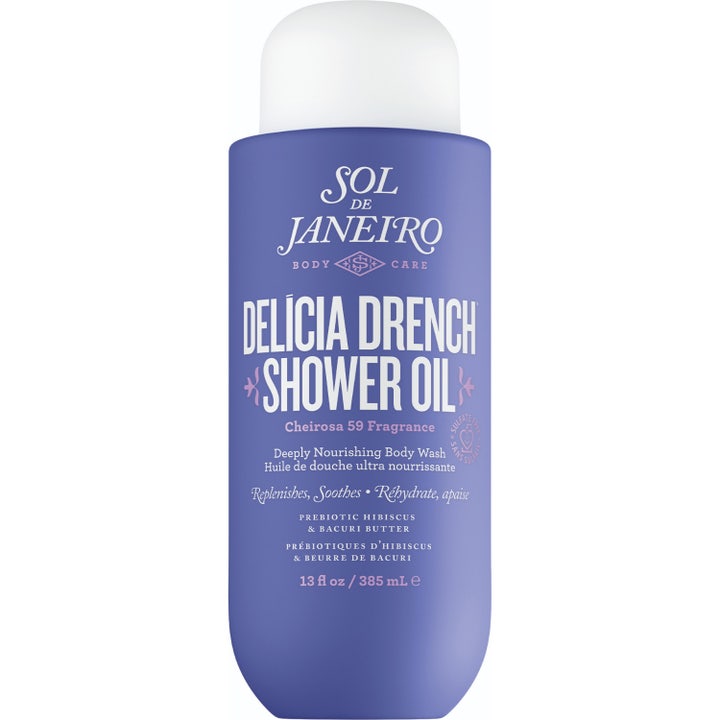 Sol de Janeiro Delícia Drench Shower Oil 385 ml ravitseva suihkuöljy violetissa pullossa valkoisella korkilla.