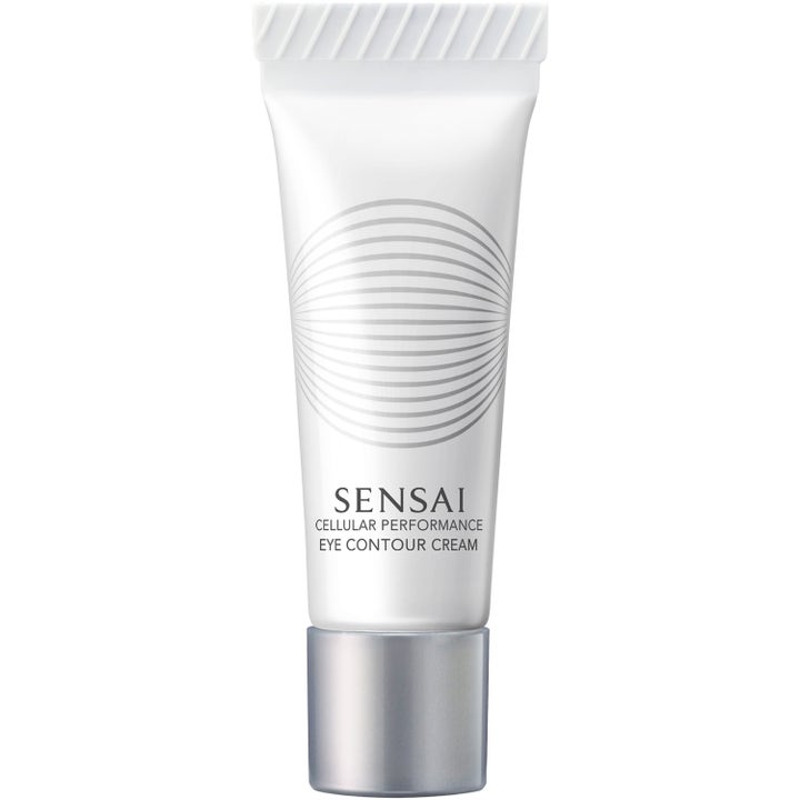 Sensai Cellular Performance Eye Contour Cream silmänympärysvoide valkoisessa tuubissa hopeisella korkilla.