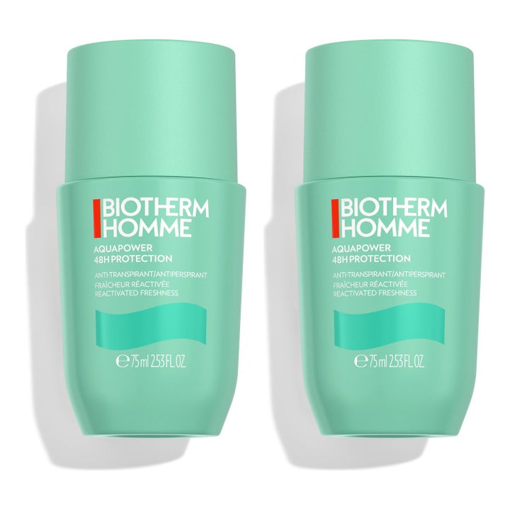 Biotherm Homme Aquapower 48H Roll-on Duo 2 x 75 ml suojaava antiperspirantti turkoosissa pakkauksessa.