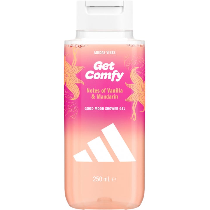 Adidas Vibes Get Comfy 250 ml suihkugeeli vaniljan ja mandariinin tuoksulla vaaleanpunaisessa kukkakuvioisessa pullossa.