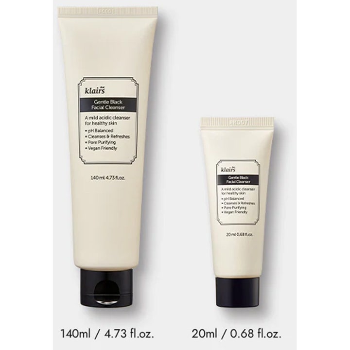 Klairs Gentle Black Facial Cleanser 20 ml hellävarainen puhdistusaine matkakoossa ja suuremmassa 140 ml tuubissa.
