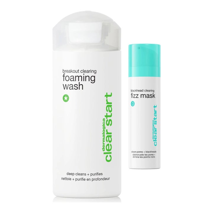 Dermalogica Clear Start Blackhead Clearing Fizz Mask ja Foaming Wash epäpuhtauksia poistavat valkoiset muovipullot