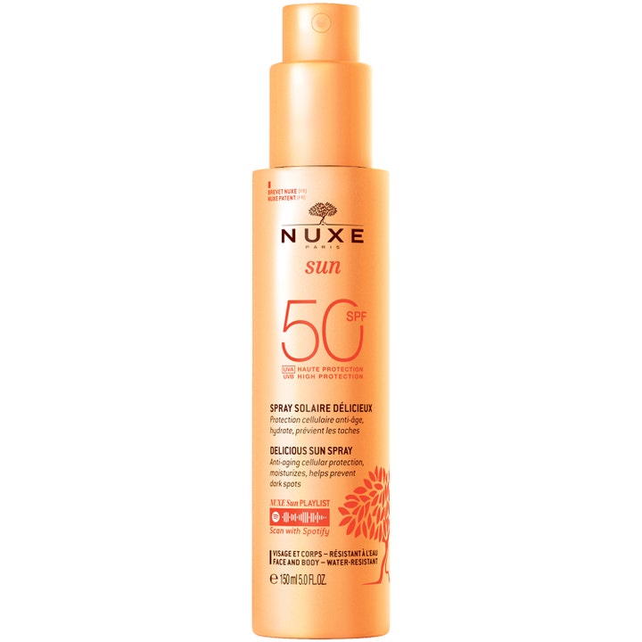 Nuxe Sun Delicious Sun Spray SPF 50 150 ml aurinkosuoja joka ehkäisee ikääntymistä oranssissa suihkepullossa