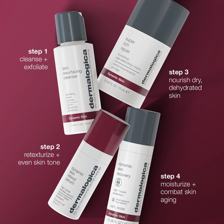 Dermalogica Skin Aging Solutions 70 ml silottava ihonhoitosarja neljällä numeroidulla tuotteella tummanpunaisella pohjalla.