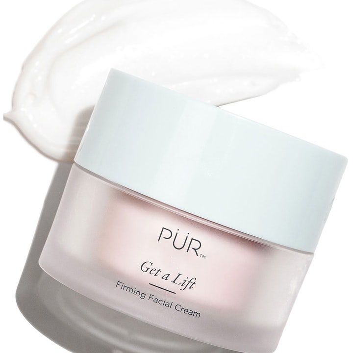 PÜR Get A Lift 50 ml kiinteyttävä kasvovoide huurteisessa purkissa vaaleansinisellä korkilla ja valkoisella voiteella.