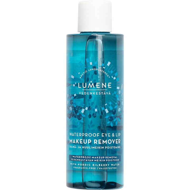 Lumene Vedenkestävän silmä- ja huulimeikin poistoaine 100 ml puhdistaa tehokkaasti sinisessä pullossa valkoisella korkilla.