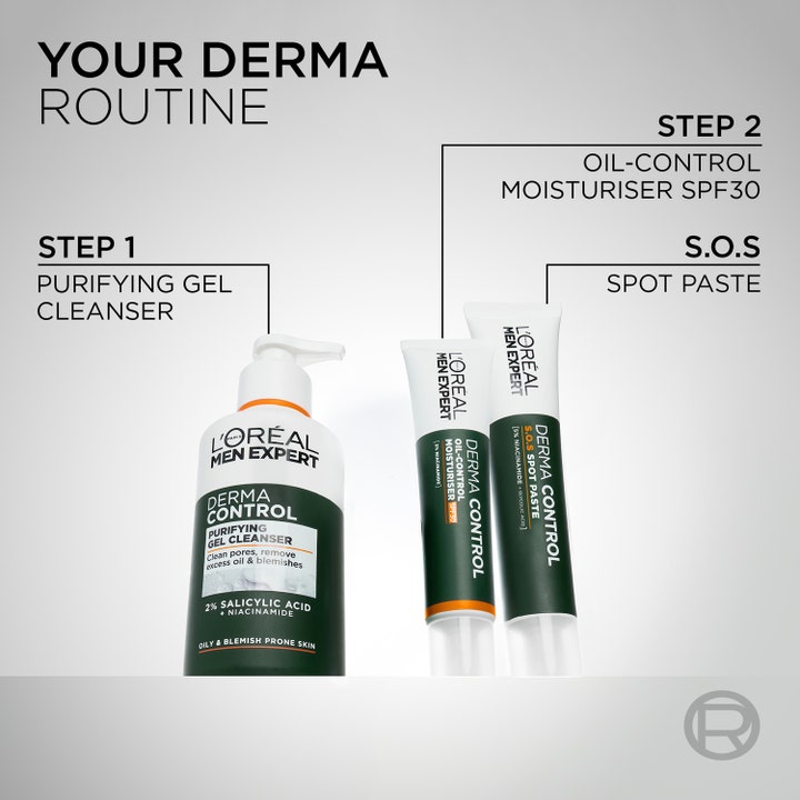 L'Oréal Paris Men Expert Derma Control 40 ml kosteusvoide SPF30 osana kolmivaiheista ihonhoitorutiinia.