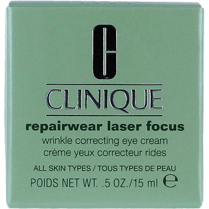 Clinique Repairwear Laser Focus Wrinkle Correcting Eye Cream 15 ml ryppyjä silottava voide vihreässä pahvipakkauksessa.