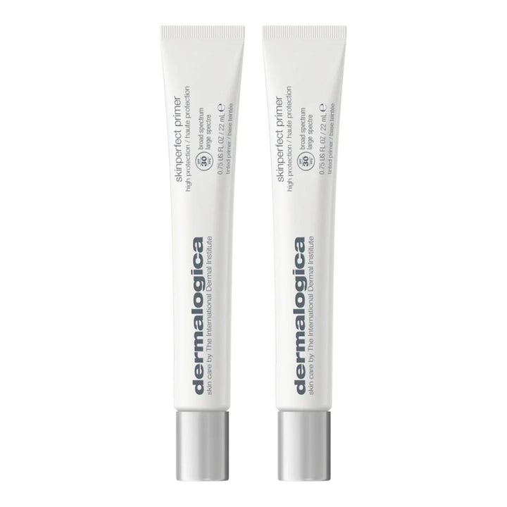 Dermalogica Skinperfect Primer SPF 30 22 ml tasoittava meikinpohjustaja kahdessa valkoisessa tuubissa, hopeiset korkit.