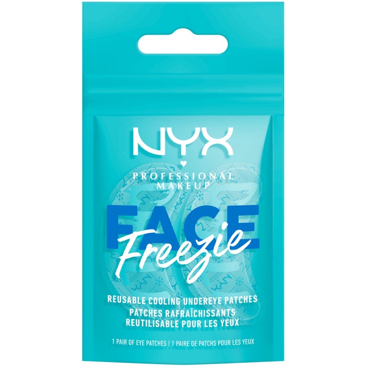 NYX Professional Makeup Face Freezie 1 pari viilentävät silmänaluslaput turkoosissa pussissa näkyvillä geelilapuilla.