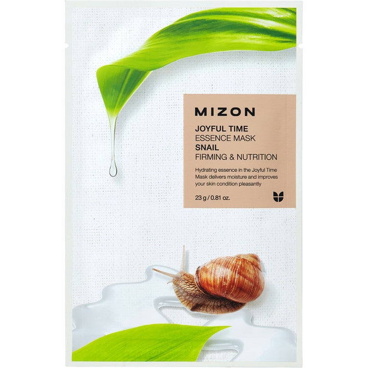 Mizon Joyful Time Essence Mask Snail 23 g kiinteyttävä kangasmaski valkoisessa pakkauksessa jossa etana ja lehti