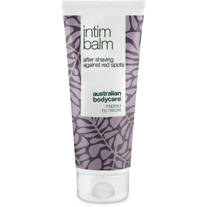 Australian Bodycare Intim Balm rauhoittava voide ehkäisee punaisia näppyjä valkoisessa violettikuvioisessa tuubissa