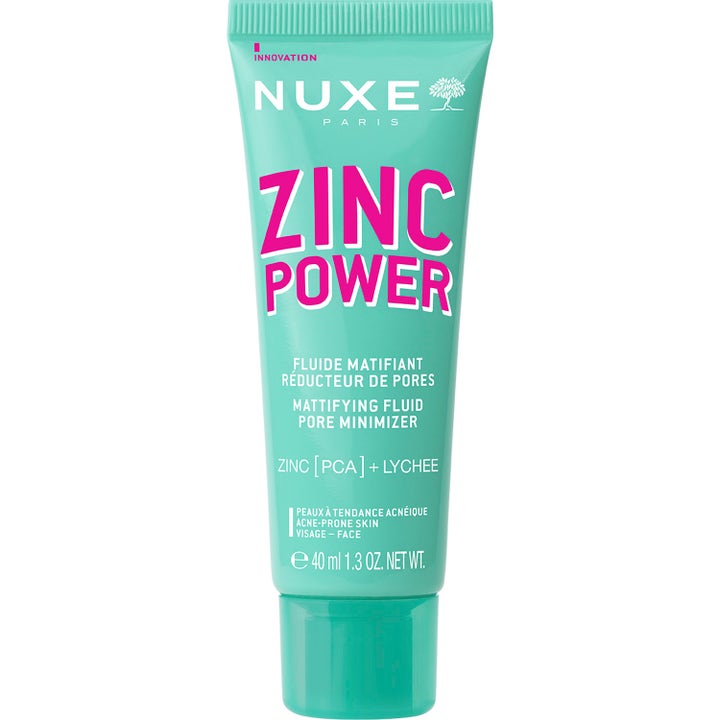 Nuxe Zinc Power 40 ml mattapintainen kasvovoide supistaa ihohuokosia turkoosissa muovituubissa.