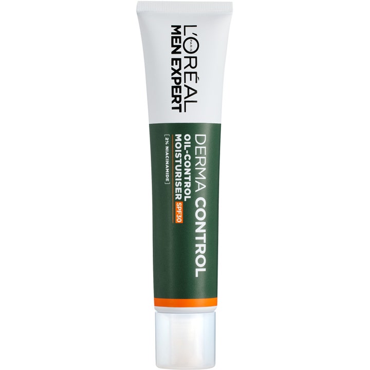 L'Oréal Men Expert Derma Control Oil-Control Moisturiser SPF30 niasiiniamidilla hillitsee kiiltoa valkovihreässä tuubissa.