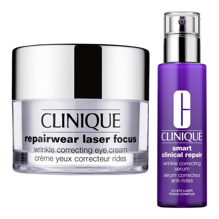 Clinique Repairwear Laser Focus ja Smart Clinical Repair ryppyjä silottava setti hopeakantisessa purkissa ja liilassa pullossa