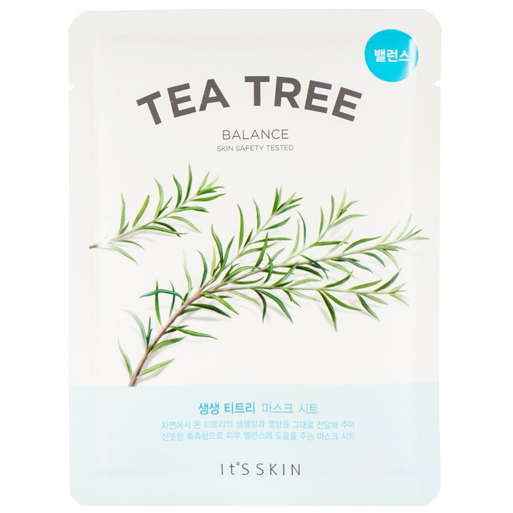 It's Skin Tea Tree Balance 1 kpl tasapainottava kangasnaamio valkoisessa pakkauksessa vihreillä teepuun oksilla.