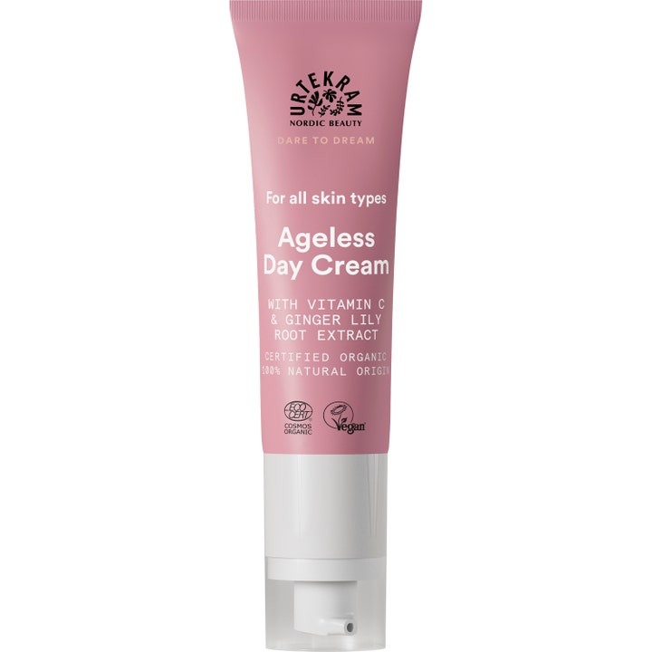 Urtekram Ageless Day Cream 50 ml heleyttävä päivävoide C-vitamiinilla vaaleanpunaisessa pumpputuubissa.