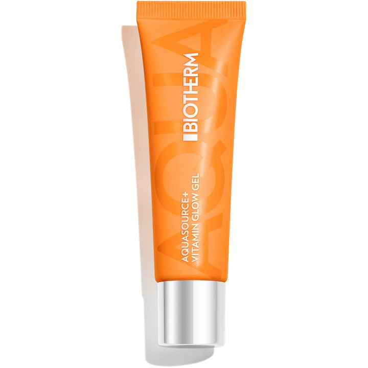 Biotherm Aquasource Vitamin Glow Gel heleyttävä kasvogeeli kirkkaan oranssissa tuubissa jossa on hopeinen korkki