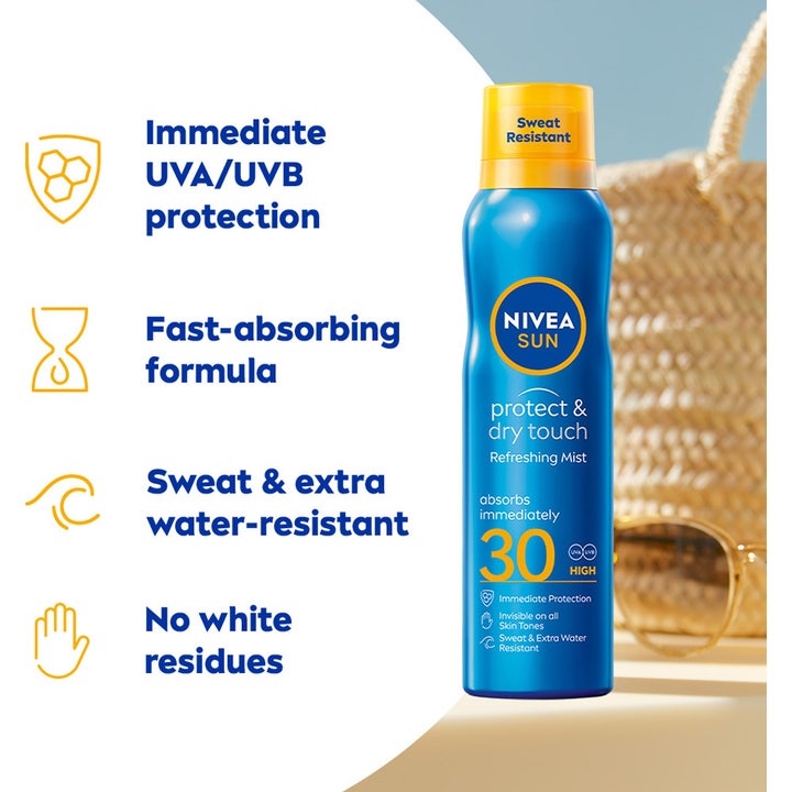 NIVEA Sun Protect & Dry Touch 200 ml aurinkosuoja on tahmaamaton hienkestävä suihke sinisessä pullossa keltaisella korkilla.