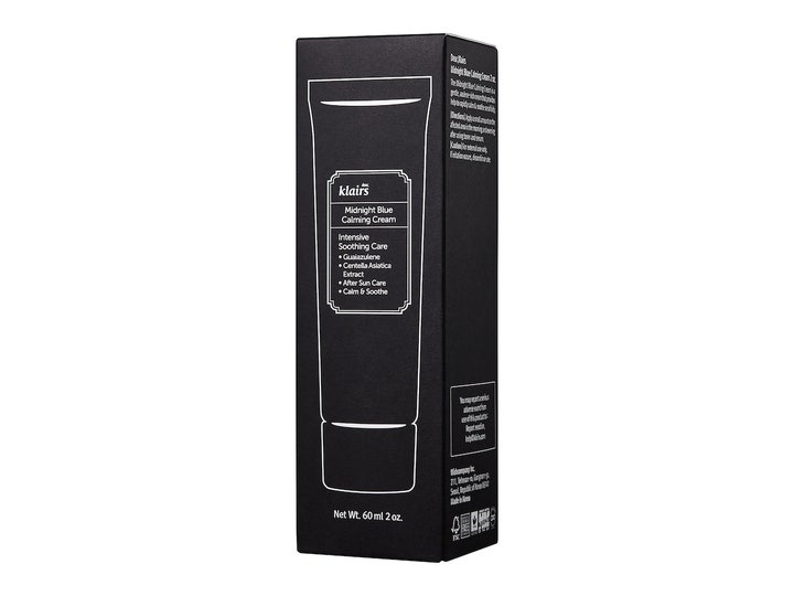 Klairs Midnight Blue Calming Cream 60 ml rauhoittava yövoide mustassa pahvipakkauksessa jossa on valkoinen tuubipiirros.