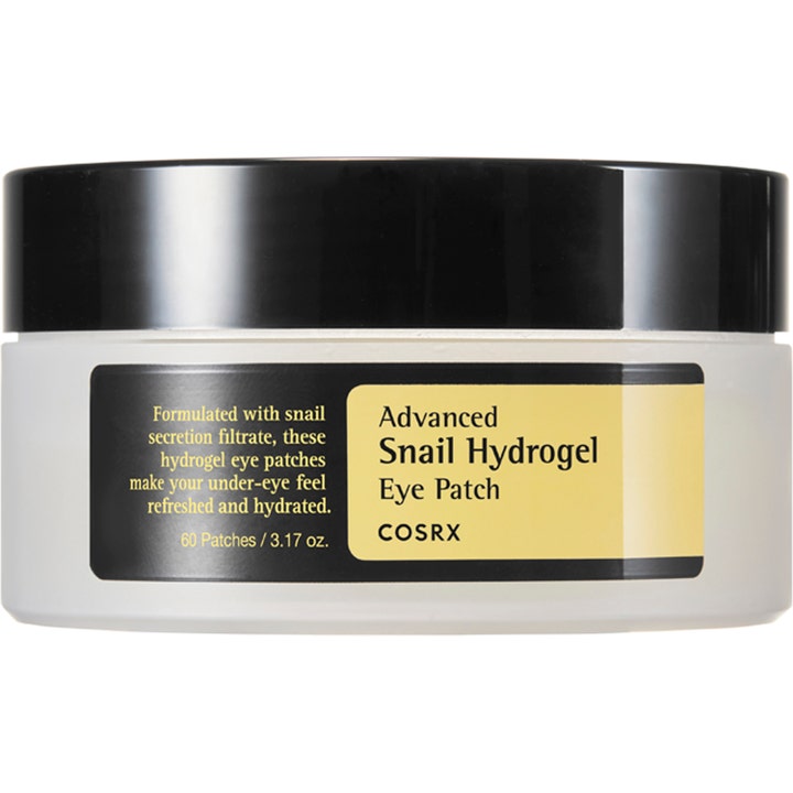 COSRX Advanced Snail Hydrogel Eye Patch 60 kpl kosteuttavat silmänympärysnaamiot valkoisessa purkissa mustalla kannella