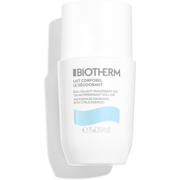 Biotherm Lait Corporel Deodorant 75 ml roll-on antiperspirantti antaa 72h suojan ja sisältää raikkaita sitrusuutteita.