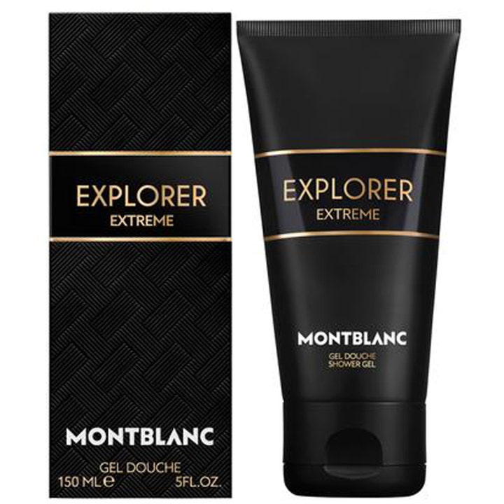 Montblanc Explorer Extreme 150 ml puhdistava suihkugeeli mustassa tuubissa ja kultaisin raidoin koristellussa pakkauksessa.