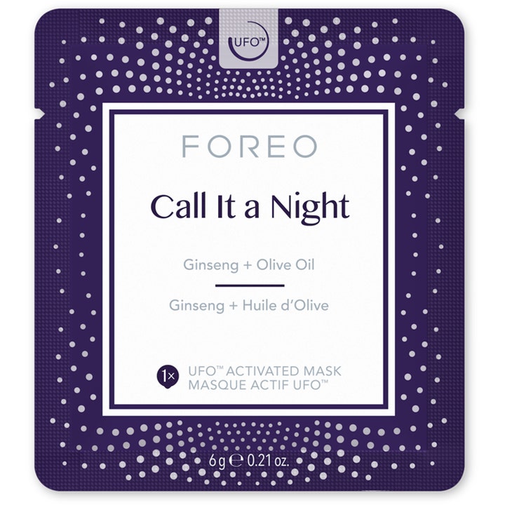 FOREO UFO Mask Call It a Night 6 g ravitseva kasvonaamio violetissa pussissa, jossa on ginseng ja oliiviöljy