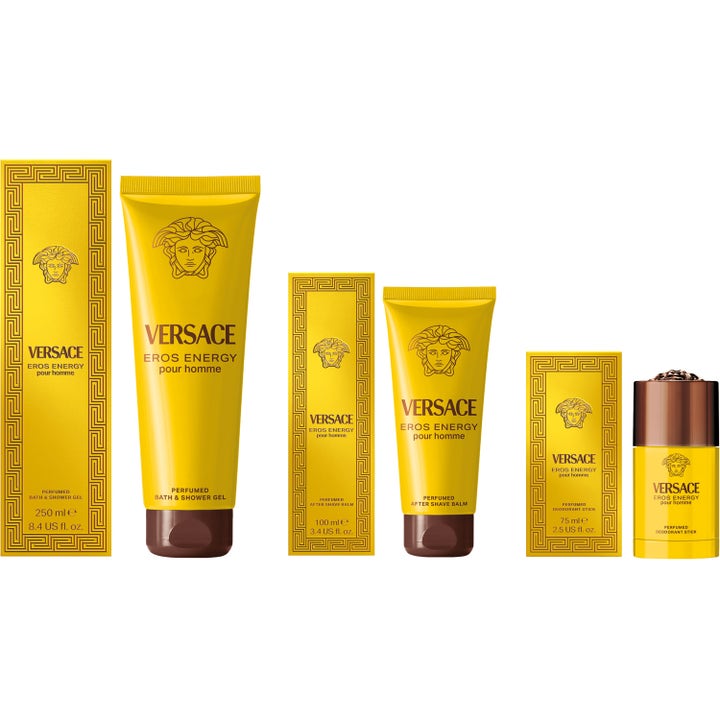 Versace Eros Energy Bath & Shower Gel 250 ml raikas suihkugeeli keltaisessa Medusa-logolla koristellussa tuubissa