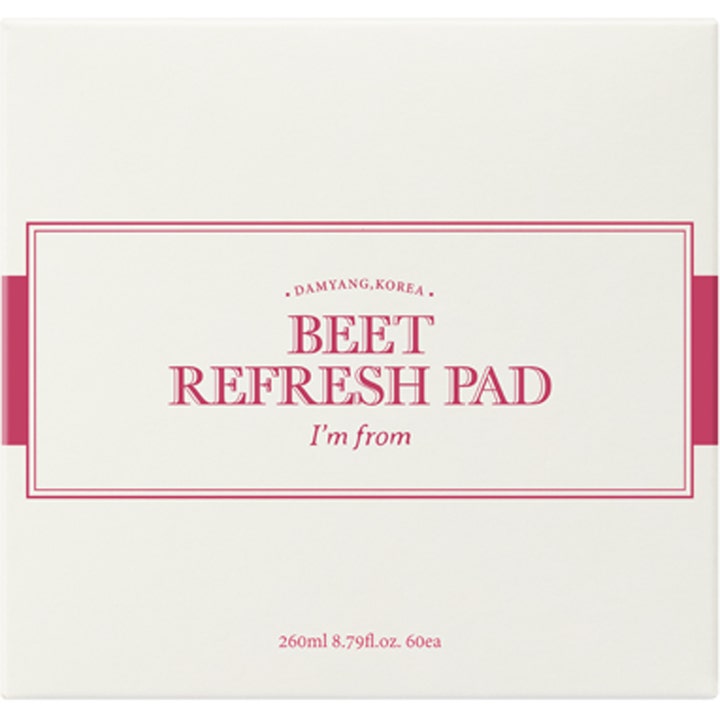 I'm From Beet Refresh Pad 260 ml kosteuttavat puhdistuslaput valkoisessa neliönmuotoisessa ulkopakkauksessa.