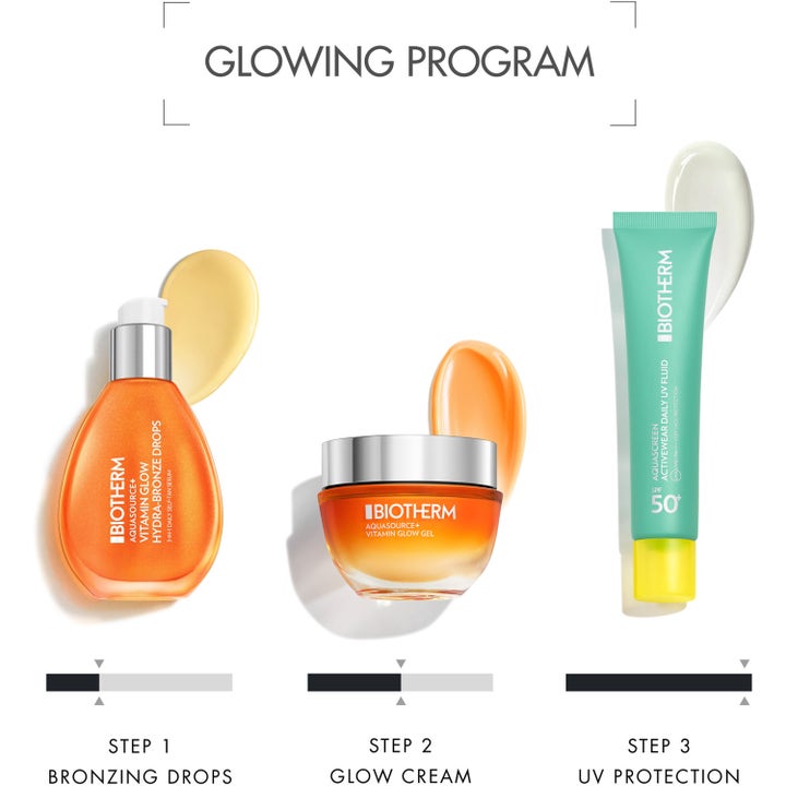 Biotherm AQS+ VG Drop Serum 50 ml heleyttävä seerumi osana kolmiosaista Glowing Program -rutiinia SPF 50+ suojan kanssa.