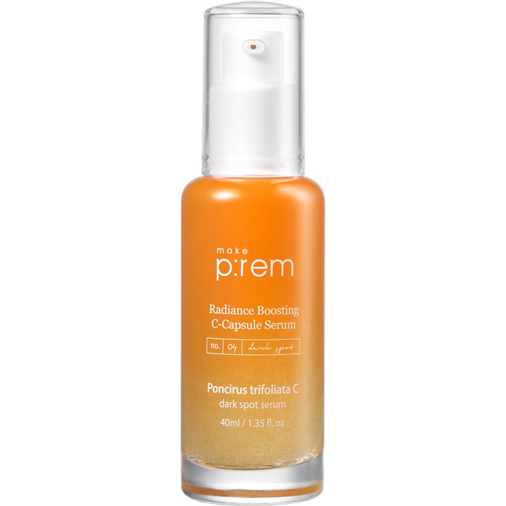 Make p:rem Radiance Boosting C-Capsule Serum 40 ml kirkastava seerumi oranssissa lasipullossa jossa on näkyviä kapseleita