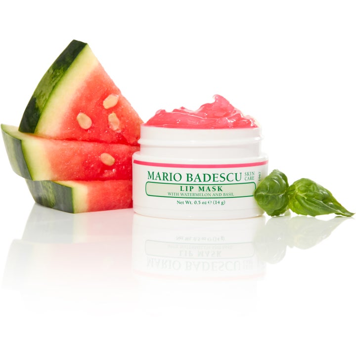 Mario Badescu Lip Mask Watermelon & Basil 14 ml kosteuttava huulinaamio pinkillä geelillä ja vesimeloniviipaleilla.