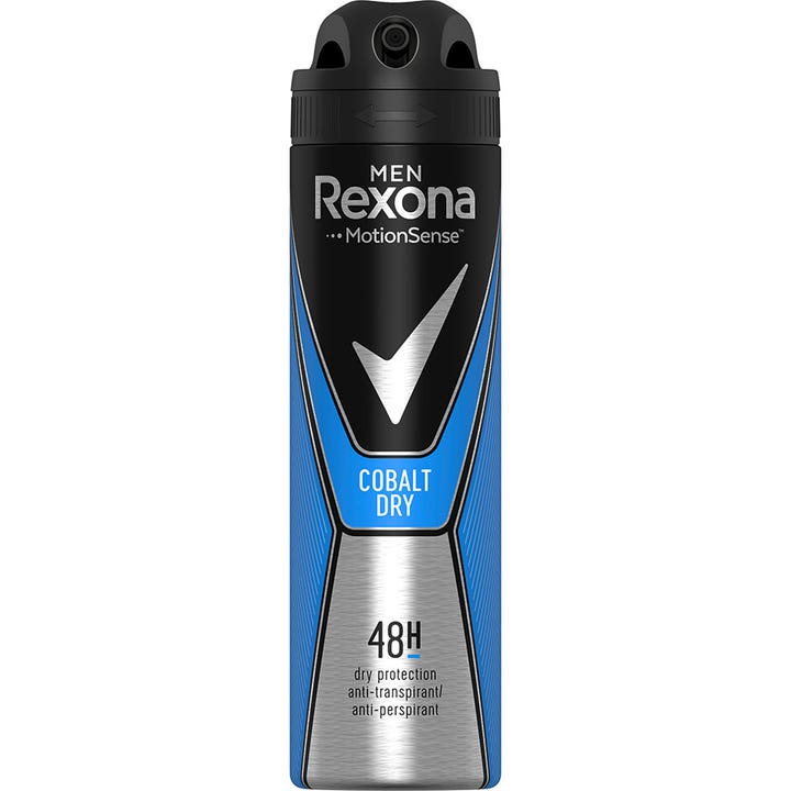 Rexona Men Cobalt Dry 150 ml anti-perspirantti antaa 48 tunnin suojan mustassa ja sinisessä suihkepullossa.
