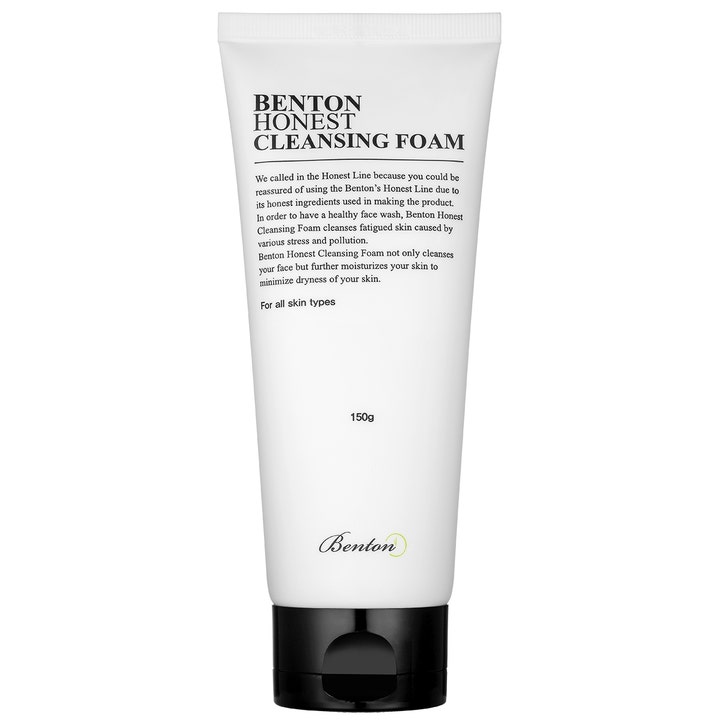 Benton Honest Cleansing Foam 150g kosteuttava puhdistusvaahto valkoisessa tuubissa jossa on musta korkki