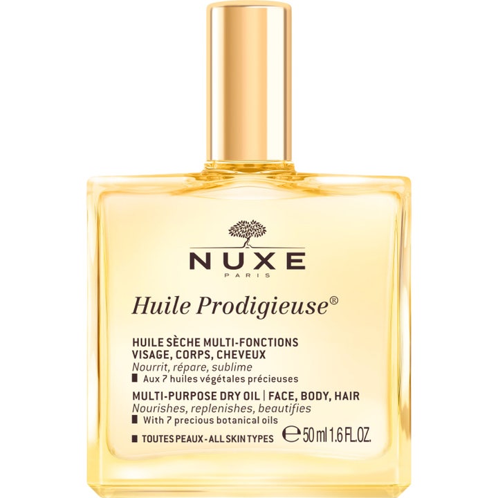 Nuxe Huile Prodigieuse 50 ml ravitseva kuivaöljy neliönmuotoisessa lasipullossa tyylikkäällä kultaisella korkilla