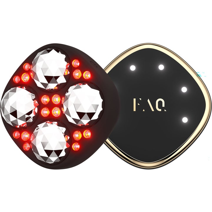 FAQ 102 kiinteyttävä LED-kasvolaite musta laite timanttihiotuilla päillä ja punaisilla LED-valoilla kultaisin reunoin.